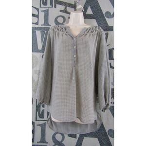 Max Studio Designer Shirttail Blouse Women L Grey 3/4 Sleeve V-Neck Half Button